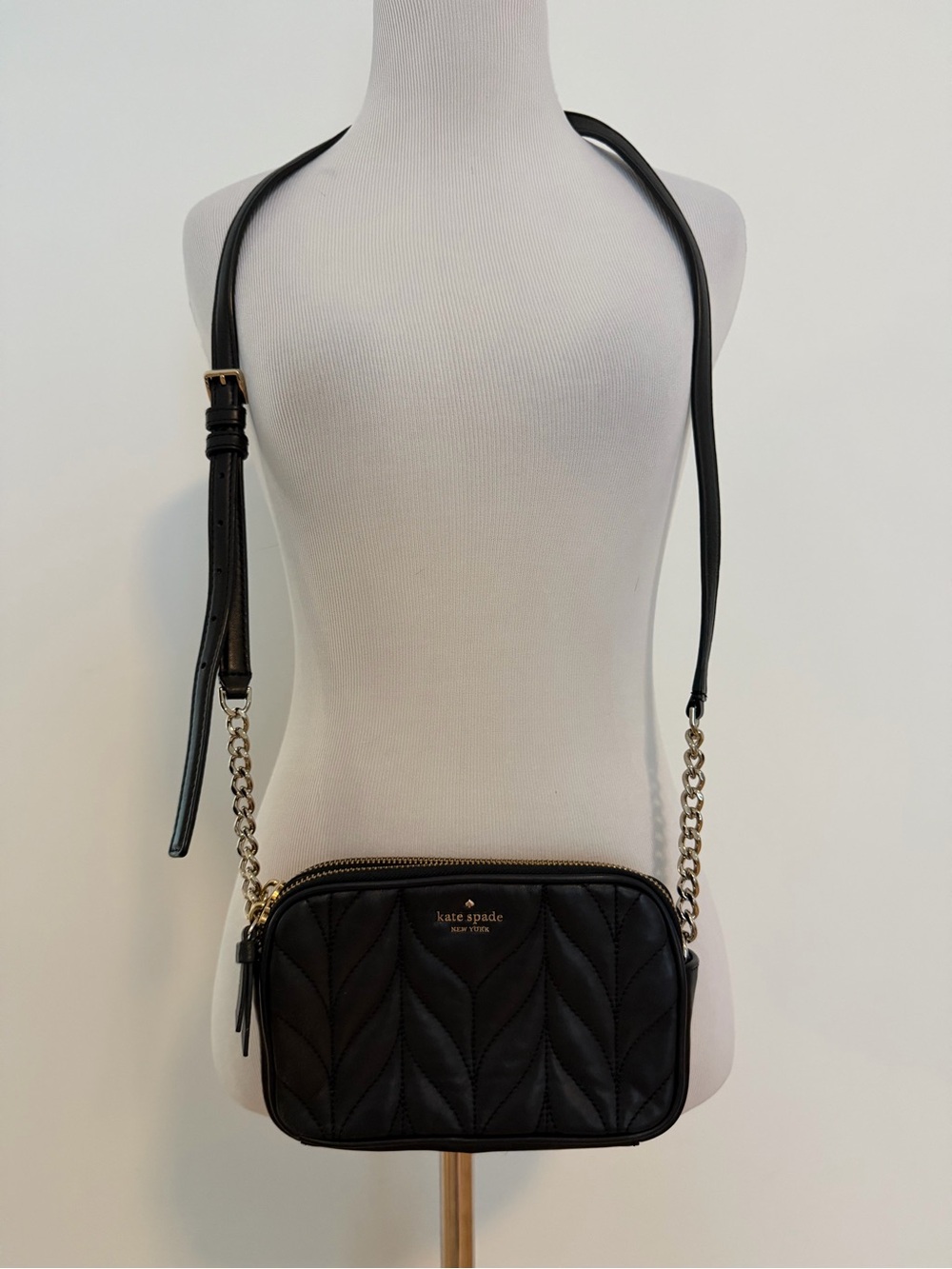 kate spade Black Quilted Leather Crossbody with Gold Chain